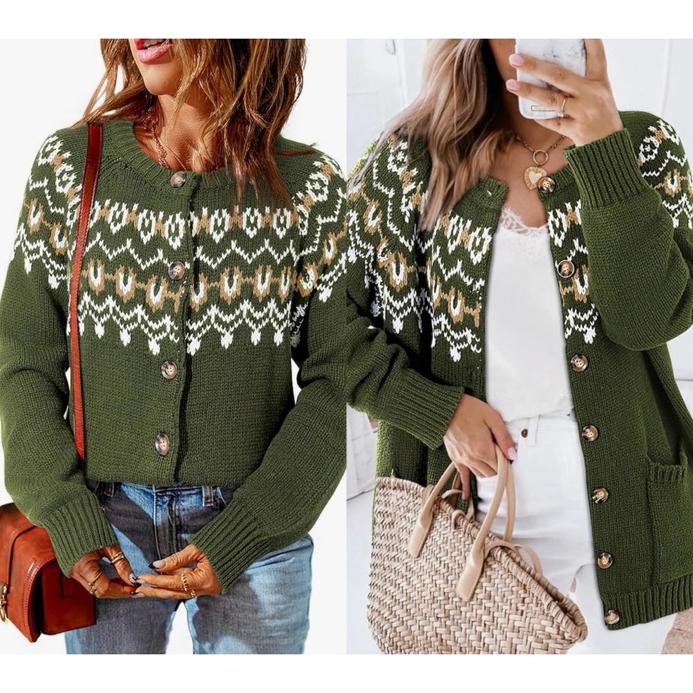 Dokotoo Green Cardigan Chunky Knit Button Down Fair Isle Sweater Apes Ski